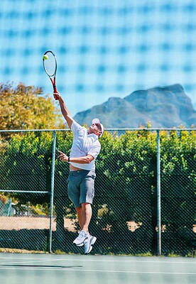 Buy stock photo Tennis court, sports and mature man with racket for fitness, outdoor workout and challenge. Male person, exercise and athlete for game, match or tournament in competition, training or activity in USA