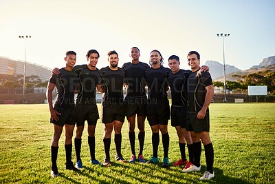 Buy stock photo Rugby, portrait or team with men in row on field for sport game, group or challenge in stadium. Proud, unity or happy players in line with smile or confidence ready tournament competition together