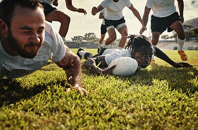 Buy stock photo Fitness, rugby and scoring with team of people outdoor on field together for competition or challenge. Exercise, sports and training with player group on grass for goal, points or try in game