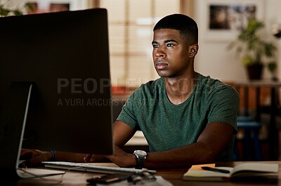 Buy stock photo Business, serious black man and computer for research, information and review feedback at startup. African professional, website and writing blog, news article or creative ghostwriter on social media