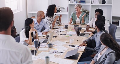 Buy stock photo Meeting, presentation and teamwork with business people talking in boardroom of office together. Collaboration, company or project management with man and woman employee team in workshop for strategy