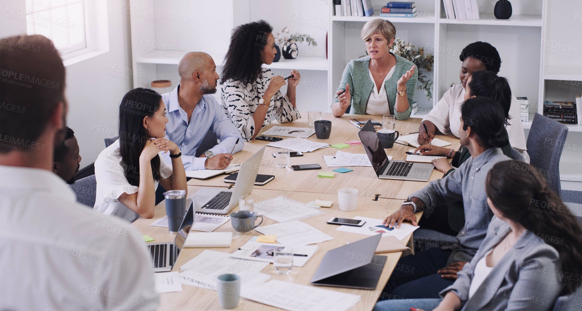 Buy stock photo Meeting, presentation and teamwork with business people talking in boardroom of office together. Collaboration, company or project management with man and woman employee team in workshop for strategy