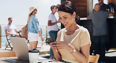 Buy stock photo Phone, laptop and happy woman at outdoor cafe for remote work, networking or checking post on social media. Smartphone, computer and creative freelancer at coffee shop for online project research.