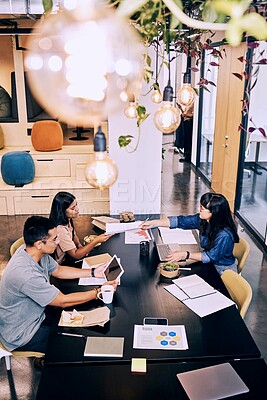 Buy stock photo Finance, laptop and business people with food in cafeteria for data analytics, planning or digital marketing strategy. Audit, top view or accountant team working in lunch break with budget deadline