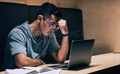 Buy stock photo Remote work, anxiety and businessman at cafe with laptop, book or headache from 404, glitch or connection fail. Night, restaurant and freelance writer with deadline stress, burnout or article doubt