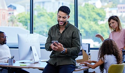 Buy stock photo Manager, smartphone and smile for call center, customer service and support with team leadership. Businessman, technology and confidence in office with computer for business, startup and management