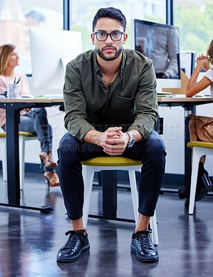 Buy stock photo Man, startup and creative in portrait at office with mission, happiness for job with digital design. Male entrepreneur and colleagues in workplace with tech for website development or maintenance