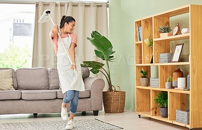 Buy stock photo Woman, cleaning and house with dance for happy with mop in living room with smile. Weekend, spring and joy with tidy at home in free time with excitement for clean lounge, mopping and sweeping