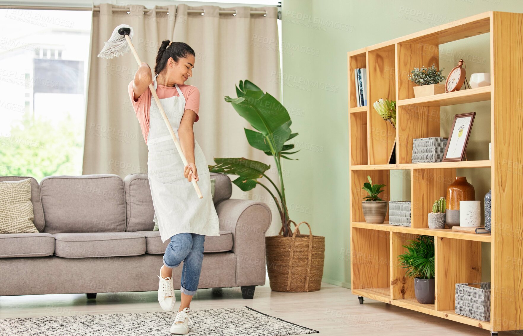 Buy stock photo Woman, cleaning and house with dance for happy with mop in living room with smile. Weekend, spring and joy with tidy at home in free time with excitement for clean lounge, mopping and sweeping
