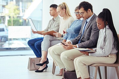 Buy stock photo Row, waiting and people in line for business recruitment, onboarding and interview for corporate career or job. Diversity, sitting and meeting with hr for hiring, candidates or chair for appointment.