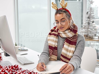 Buy stock photo Christmas, office and business woman writing notes for schedule, reminder or info in creative startup. Planning, notebook and professional on journal for ideas or agenda of secretary on xmas holiday