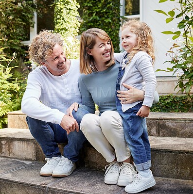 Buy stock photo Parents, child and smile with love, bonding and outdoor, relax and backyard, together and care at house. Happy, people and family, hug and summer, sunshine and childhood, vacation or memory on stairs
