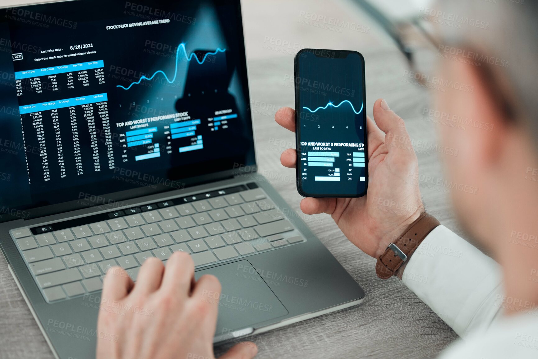 Buy stock photo Laptop, smartphone and screen for stock market, businessman and finance or shares, broker and tech. Investment, trading and internet for update, check and mobile app for cryptocurrency growth