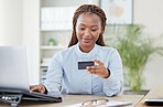 African woman, credit card and laptop in office with typing, click and easy payment with online shopping. Employee, person or girl with banking, computer and e commerce with finance, choice or budget