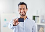 Hand, smile and businessman with credit card for finance, bank and money payment in a work office. Portrait of happy corporate employee able to buy or pay bills, retail shopping or debt with salary