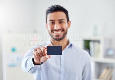 Buy stock photo Hand, smile and businessman with credit card for finance, bank and money payment in a work office. Portrait of happy corporate employee able to buy or pay bills, retail shopping or debt with salary