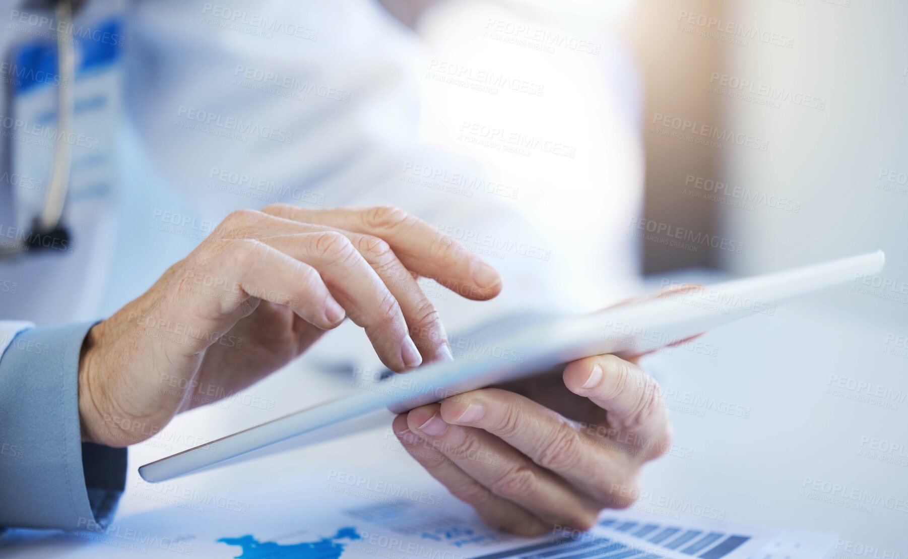 Buy stock photo Tablet, business worker and digital research of a employee using technology to work. Hands typing, working and doing IT web analytics for a cloud computing project with help from tech ux paper data