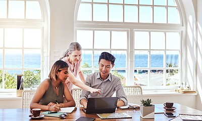 Buy stock photo Teamwork, diversity and laptop for collaboration working on strategy, planning and digital marketing ideas sitting at table. Man and women team in business meeting for innovation, mission and vision