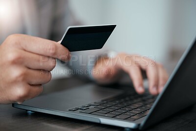 Buy stock photo Man hands, laptop and ecommerce credit card business payment technology. Customer check digital banking app, secure bank payment and online retail shopping internet or 5g fintech trading


