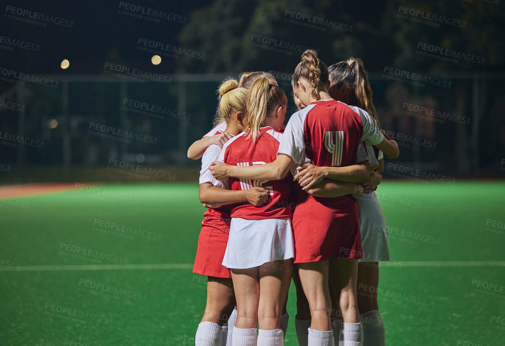 Buy stock photo Huddle, soccer teamwork or football women on soccer field or stadium at night for support, motivation or workout game. Fitness, wellness or sports health trust, game partnership or planning on field