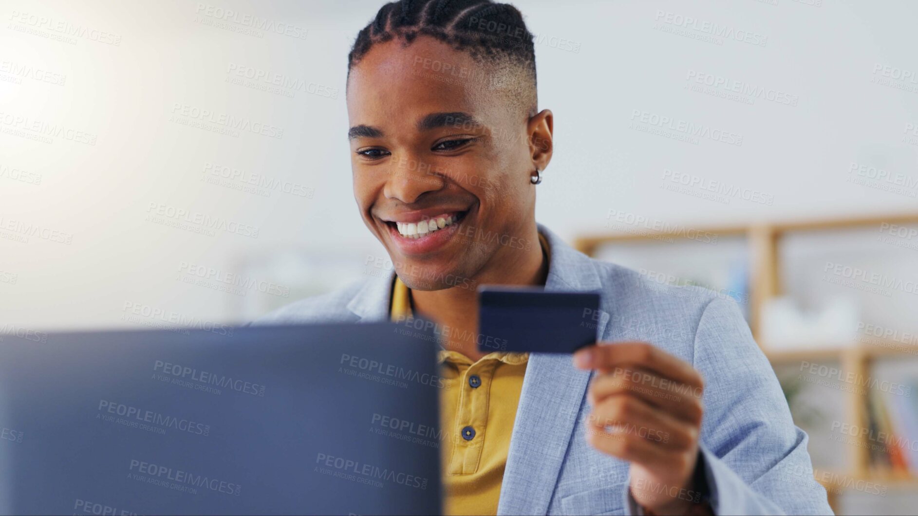 Buy stock photo Online shopping laptop, business credit card and happy man typing banking payment, corporate loan or security password. Finance system, ecommerce sales or male customer search on fintech omnichannel