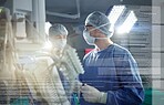 Surgery, team and overlay or talk operation in hospital theater, confident or patient trust. Male person, hands and professional research for anatomy information, neurology text or medical doctor