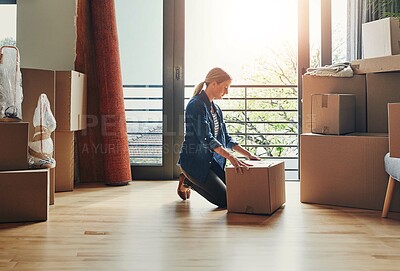 Buy stock photo New home, real estate and woman packaging box for property sale, mortgage and house investment. Moving, packing and person with cardboard for relocation, unboxing or storage for delivery to apartment
