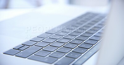Buy stock photo Laptop, keyboard and empty office for modern tech, interior and equipment for networking career. Buttons, wireless device and internet connection for website, communication and desk at workplace