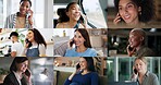 Business, collage and phone call with different people at work for communication, feedback or update. Conversation, planning and smile with happy employees talking on mobile for career diversity