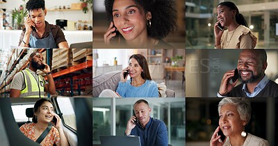 Buy stock photo Collage, diversity and phone call with business people at work for conversation, feedback or update. Communication, planning and smile with happy employees talking on mobile for different careers