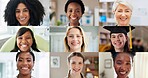 Collage, different and portrait of women at location for appointment, business or education. Diversity, inclusion or pride with smile of girls and people at dentist, school or workplace for variety