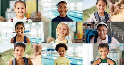 Buy stock photo Collage, education and portrait of children at school for development, learning or study. Diversity, knowledge and smile of different student kids on campus for course, lesson or fitness activity