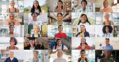 Buy stock photo Collage, portrait and different women with generations, career and kids with diversity. Montage, smile and confident female people with pride as worker, graduate student and professional doctor