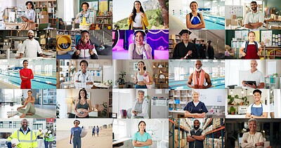 Buy stock photo Montage, portrait and people with diversity of careers, generations and different kids. Collage, smile and confident group in mosaic with arms crossed for pride as worker, graduate and professional