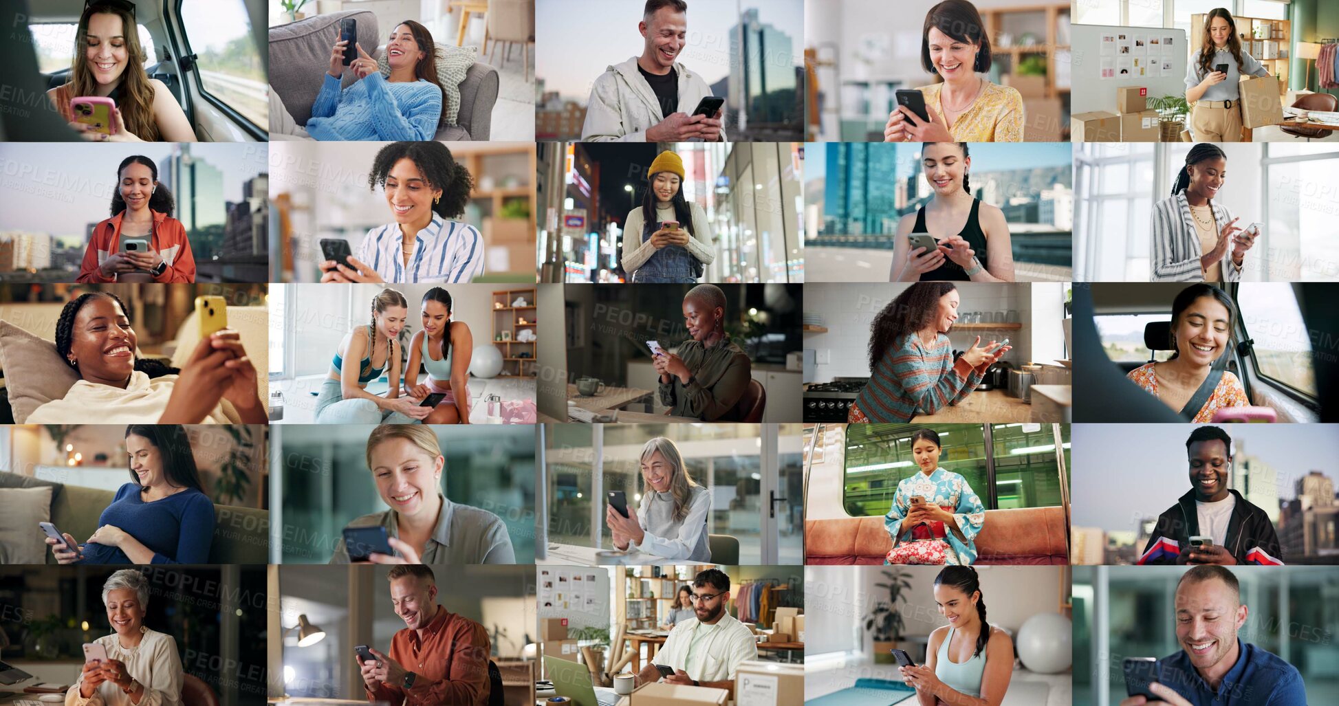 Buy stock photo Collage, message and people with smartphone, online or communication on social media, typing or app. Texting, group and connectivity with mobile on website, montage and chatting with contact and tech