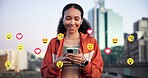 Emojis, fitness and woman with cellphone in city for reaction on social media, networking or contact. Happy, sports and female athlete with icons for online interaction with phone on bridge in town.