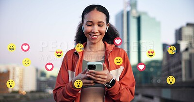 Buy stock photo Emojis, fitness and woman with cellphone in city for reaction on social media, networking or contact. Happy, sports and female athlete with icons for online interaction with phone on bridge in town.