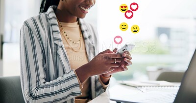 Buy stock photo Smile, woman and phone with emojis in office for social media, like post and followers reaction. African person, mobile and overlay icons for online interaction, review comments and chat notification
