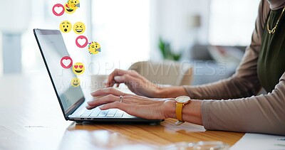 Buy stock photo Hands, person and laptop with emoji at house for social media, like post and followers reaction. Woman, tech and overlay icons for app interaction, review comments and feedback symbol of notification