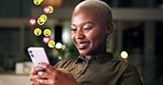 Black woman, phone and emojis in office at night of social media, like post and followers reaction. Person, mobile and overlay icons for app interaction, review comments and share opinion of overtime