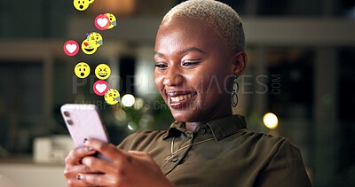 Buy stock photo Black woman, phone and emojis in office at night of social media, like post and followers reaction. Person, mobile and overlay icons for app interaction, review comments and share opinion in overtime