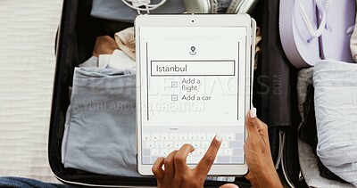 Buy stock photo Luggage, tablet screen and booking with hands of woman at home for app, ui and Istanbul destination. Flight, suitcase and above with person and search for departure, passport and travel schedule