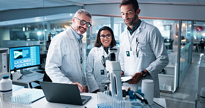 Buy stock photo Science, teamwork and Microscope with people in laboratory for DNA discovery, healthcare or solution. Gene study, medical and clinical trial with scientist in clinic for research, results and biotech