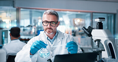 Buy stock photo Chemical, man and medical scientist with beaker in laboratory for pharmaceutical experiment or research. Liquid, glass and male chemist with formula, reaction observation or cure innovation.