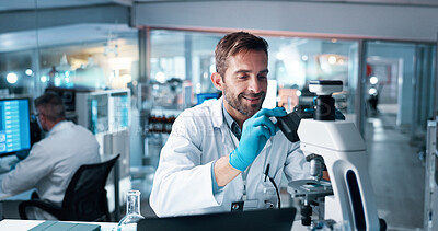 Buy stock photo Science, microscope and smile with man in laboratory for DNA discovery, healthcare or research. Gene study, medical and clinical trial with scientist in clinic for forensic, results and biotech
