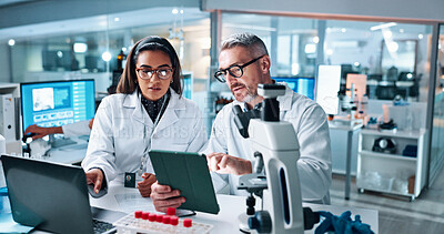 Buy stock photo Collaboration, tablet or science with people in lab together for research or development. Innovation, tech and microscope with scientist team in clinical trial for planning or medical investigation