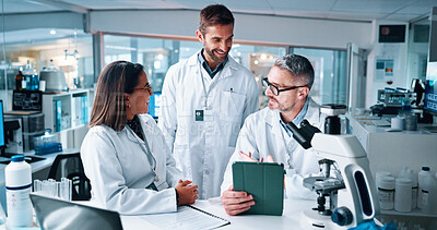 Buy stock photo Science, tablet and talking with people in laboratory together for breakthrough or development. Collaboration, laptop and microscope with medical research team in clinical trial for discussion