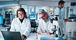Collaboration, laptop and science with people in laboratory together for breakthrough or development. DNA, microscope and writing with research team in clinical trial for discovery or report