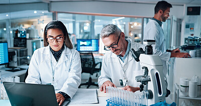 Buy stock photo Collaboration, laptop and science with people in laboratory together for breakthrough or development. DNA, microscope and writing with research team in clinical trial for discovery or medical report