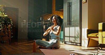 Buy stock photo Fitness, meditation and yoga with woman on floor of home for balance, inner peace or mindfulness. Chakra, exercise and pilates with yogi person in apartment for awareness, health or wellness routine